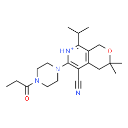 ChemSpider 2D Image | 5-Cyano-8-isopropyl-3,3-dimethyl-6-(4-propionyl-1-piperazinyl)-3,4-dihydro-1H-pyrano[3,4-c]pyridin-7-ium | C21H31N4O2