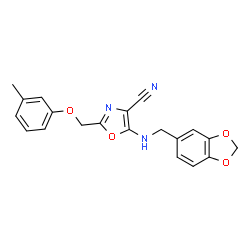 ChemSpider 2D Image | 5-[(Benzo[1,3]dioxol-5-ylmethyl)-amino]-2-m-tolyloxymethyl-oxazole-4-carbonitrile | C20H17N3O4