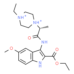 ChemSpider 2D Image | 1-[(2R)-1-{[2-(Ethoxycarbonyl)-5-methoxy-1H-indol-3-yl]amino}-1-oxo-2-propanyl]-4-ethylpiperazinediium | C21H32N4O4
