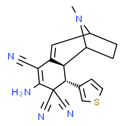 ChemSpider 2D Image | (2S,3S)-5-Amino-12-methyl-3-(3-thienyl)-12-azatricyclo[7.2.1.0~2,7~]dodeca-5,7-diene-4,4,6-tricarbonitrile | C19H17N5S