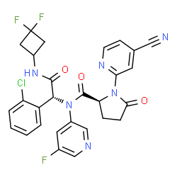 ChemSpider 2D Image | N-{(1R)-1-(2-Chlorophenyl)-2-[(3,3-difluorocyclobutyl)amino]-2-oxoethyl}-1-(4-cyano-2-pyridinyl)-N-(5-fluoro-3-pyridinyl)-5-oxo-L-prolinamide | C28H22ClF3N6O3