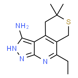ChemSpider 2D Image | 5-Ethyl-8,8-dimethyl-2,6,8,9-tetrahydropyrazolo[3,4-b]thiopyrano[4,3-d]pyridin-1-amine | C13H18N4S