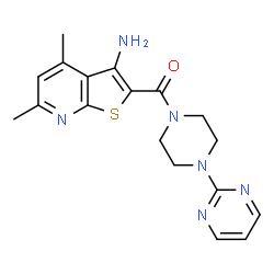 ChemSpider 2D Image | (3-Amino-4,6-dimethylthieno[2,3-b]pyridin-2-yl)[4-(2-pyrimidinyl)-1-piperazinyl]methanone | C18H20N6OS
