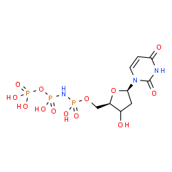 ChemSpider 2D Image | 1-[(3xi)-2-Deoxy-5-O-(hydroxy{[hydroxy(phosphonooxy)phosphoryl]amino}phosphoryl)-beta-D-glycero-pentofuranosyl]-2,4(1H,3H)-pyrimidinedione | C9H16N3O13P3