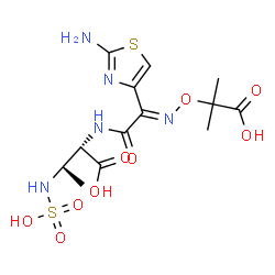 ChemSpider 2D Image | (2S,3S)-2-{[(2E)-2-(2-Amino-1,3-thiazol-4-yl)-2-{[(2-carboxy-2-propanyl)oxy]imino}acetyl]amino}-3-(sulfoamino)butanoic acid | C13H19N5O9S2