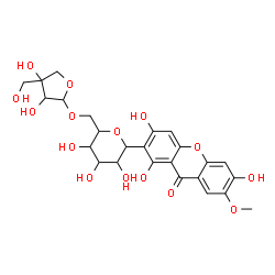 ChemSpider 2D Image | 1,5-Anhydro-6-O-[3,4-dihydroxy-4-(hydroxymethyl)tetrahydro-2-furanyl]-1-(1,3,6-trihydroxy-7-methoxy-9-oxo-9H-xanthen-2-yl)hexitol | C25H28O15