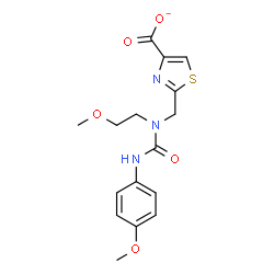 ChemSpider 2D Image | 2-({(2-Methoxyethyl)[(4-methoxyphenyl)carbamoyl]amino}methyl)-1,3-thiazole-4-carboxylate | C16H18N3O5S
