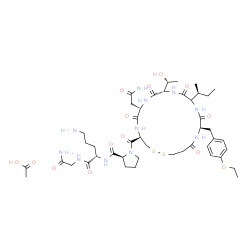 ChemSpider 2D Image | 1-({(4R,7S,10S,16R)-7-(2-Amino-2-oxoethyl)-13-[(2S)-2-butanyl]-16-(4-ethoxybenzyl)-10-[(1R)-1-hydroxyethyl]-6,9,12,15,18-pentaoxo-1,2-dithia-5,8,11,14,17-pentaazacycloicosan-4-yl}carbonyl)-L-prolyl-L-
ornithylglycinamide acetate (1:1) | C45H71N11O14S2