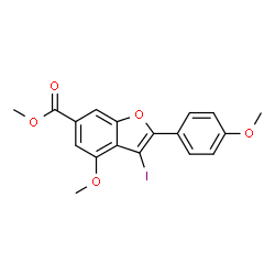 ChemSpider 2D Image | Methyl 3-iodo-4-methoxy-2-(4-methoxyphenyl)-1-benzofuran-6-carboxylate | C18H15IO5