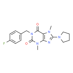 ChemSpider 2D Image | 1-(4-Fluorobenzyl)-3,7-dimethyl-8-(1-pyrrolidinyl)-3,7-dihydro-1H-purine-2,6-dione | C18H20FN5O2