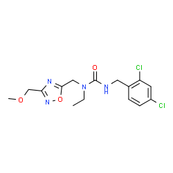 ChemSpider 2D Image | 3-(2,4-Dichlorobenzyl)-1-ethyl-1-{[3-(methoxymethyl)-1,2,4-oxadiazol-5-yl]methyl}urea | C15H18Cl2N4O3