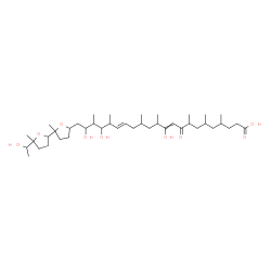 ChemSpider 2D Image | (16E)-11,19,21-Trihydroxy-22-[5'-(1-hydroxyethyl)-2,5'-dimethyloctahydro-2,2'-bifuran-5-yl]-4,6,8,12,14,18,20-heptamethyl-9-oxo-10,16-docosadienoic acid | C41H72O9