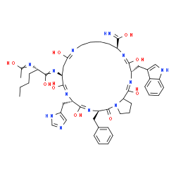 ChemSpider 2D Image | (1E,3S,4E,6S,11E,14S,15E,17S,18E,20R)-20-Benzyl-1,4,12,15,18-pentahydroxy-14-({(2S)-1-hydroxy-2-[(1-hydroxyethylidene)amino]hexylidene}amino)-17-(1H-imidazol-5-ylmethyl)-3-(1H-indol-3-ylmethyl)-21-oxo
-6,7,8,9,10,13,14,17,20,21,23,24,25,25a-tetradecahydro-3H-pyrrolo[2,1-f][1,4,7,10,13,18]hexaazacyclotricosine-6-carboximidic acid | C49H64N12O9