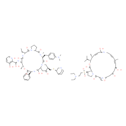 ChemSpider 2D Image | N-{(6R,7E,9S,10R,13S,14E,18R,22S)-18-{[(3S)-1-Azabicyclo[2.2.2]oct-3-ylsulfanyl]methyl}-22-[4-(dimethylamino)benzyl]-6-ethyl-8,15-dihydroxy-10,23-dimethyl-5,12,17,21,24-pentaoxo-13-phenyl-1,2,3,5,6,9,
10,13,15a,16,17,18,19,21,22,23,24,24a-octadecahydro-12H-pyrido[2,1-f]pyrrolo[2,1-l][1,4,7,10,13,16]oxapentaazacyclononadecin-9-yl}-3-hydroxy-2-pyridinecarboximidic acid - (6R,10R,11R,12Z,14E,17Z,19Z,2
1S)-6-{[2-(diethylamino)ethyl]sulfonyl}-14,21-dihydroxy-10-isopropyl-11,19-dimethyl-9,26-dioxa-3,15,28-triazatricyclo[23.2.1.0~3,7~]octacosa-1(27),12,14,17,19,25(28)-hexaene-2,8,23-trione (1:1) | C87H117N13O19S2