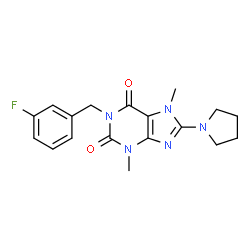 ChemSpider 2D Image | 1-(3-Fluorobenzyl)-3,7-dimethyl-8-(1-pyrrolidinyl)-3,7-dihydro-1H-purine-2,6-dione | C18H20FN5O2