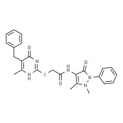 ChemSpider 2D Image | 2-[(5-Benzyl-6-methyl-4-oxo-1,4-dihydro-2-pyrimidinyl)sulfanyl]-N-(1,5-dimethyl-3-oxo-2-phenyl-2,3-dihydro-1H-pyrazol-4-yl)acetamide | C25H25N5O3S