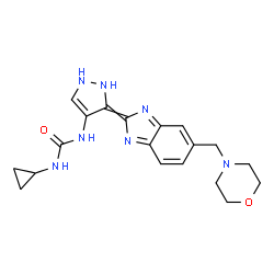 ChemSpider 2D Image | 1-Cyclopropyl-3-{3-[5-(4-morpholinylmethyl)-2H-benzimidazol-2-ylidene]-2,3-dihydro-1H-pyrazol-4-yl}urea | C19H23N7O2