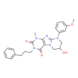 ChemSpider 2D Image | 7-Hydroxy-9-(3-methoxyphenyl)-1-methyl-3-(3-phenylpropyl)-6,7,8,9-tetrahydropyrimido[2,1-f]purine-2,4(1H,3H)-dione | C25H27N5O4