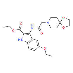 ChemSpider 2D Image | Ethyl 3-[(1,4-dioxa-8-azaspiro[4.5]dec-8-ylacetyl)amino]-5-ethoxy-1H-indole-2-carboxylate | C22H29N3O6