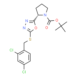 ChemSpider 2D Image | tert-Butyl (2S)-2-{5-[(2,4-dichlorobenzyl)sulfanyl]-1,3,4-oxadiazol-2-yl}pyrrolidine-1-carboxylate | C18H21Cl2N3O3S