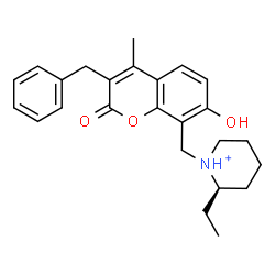 ChemSpider 2D Image | (2R)-1-[(3-Benzyl-7-hydroxy-4-methyl-2-oxo-2H-chromen-8-yl)methyl]-2-ethylpiperidinium | C25H30NO3