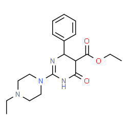 ChemSpider 2D Image | Ethyl 2-(4-ethyl-1-piperazinyl)-6-oxo-4-phenyl-1,4,5,6-tetrahydro-5-pyrimidinecarboxylate | C19H26N4O3