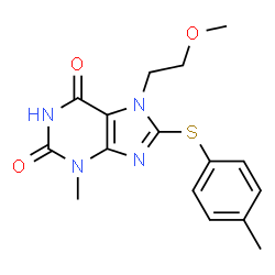 ChemSpider 2D Image | 7-(2-Methoxyethyl)-3-methyl-8-[(4-methylphenyl)sulfanyl]-3,7-dihydro-1H-purine-2,6-dione | C16H18N4O3S
