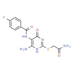 ChemSpider 2D Image | N-{6-Amino-2-[(2-amino-2-oxoethyl)sulfanyl]-4-oxo-1,4-dihydro-5-pyrimidinyl}-4-fluorobenzamide | C13H12FN5O3S