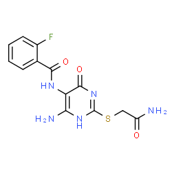 ChemSpider 2D Image | N-{6-Amino-2-[(2-amino-2-oxoethyl)sulfanyl]-4-oxo-1,4-dihydro-5-pyrimidinyl}-2-fluorobenzamide | C13H12FN5O3S