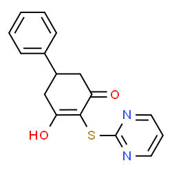 ChemSpider 2D Image | 3-Hydroxy-5-phenyl-2-(2-pyrimidinylsulfanyl)-2-cyclohexen-1-one | C16H14N2O2S