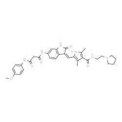 ChemSpider 2D Image | N-{(3Z)-3-[(3,5-Dimethyl-4-{[2-(1-pyrrolidinyl)ethyl]carbamoyl}-1H-pyrrol-2-yl)methylene]-2-oxo-2,3-dihydro-1H-indol-6-yl}-N'-(4-methoxyphenyl)malonamide | C32H36N6O5