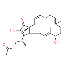 ChemSpider 2D Image | (2S)-2-[(3aS,5Z,13S,14E,16aR)-2,13-Dihydroxy-3a,6,10,14-tetramethyl-3-oxo-3,3a,4,7,8,11,12,13,16,16a-decahydrocyclopenta[15]annulen-1-yl]propyl acetate | C27H40O5