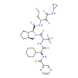 ChemSpider 2D Image | (1S,3aS,6aS)-2-[(2S)-2-({(2S)-2-Cyclohexyl-2-[(2-pyrazinylcarbonyl)amino]acetyl}amino)-3,3-dimethylbutanoyl]-N-[(3R)-1-(cyclopropylamino)-1,2-dioxo-3-hexanyl]octahydrocyclopenta[c]pyrrole-1-carboxamid
e (non-preferred name) | C36H53N7O6
