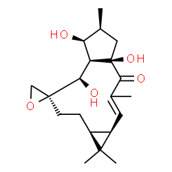 ChemSpider 2D Image | (1aR,4aR,6S,7S,7aR,8R,9S,11aS)-4a,7,8-Trihydroxy-1,1,3,6-tetramethyl-1a,4a,5,6,7,7a,8,10,11,11a-decahydrospiro[cyclopenta[a]cyclopropa[f][11]annulene-9,2'-oxiran]-4(1H)-one | C20H30O5