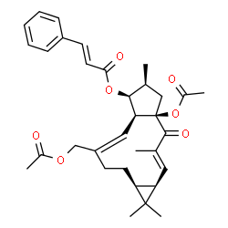 ChemSpider 2D Image | (1aR,2E,4aR,6S,7S,7aS,8Z,11aS)-4a-Acetoxy-9-(acetoxymethyl)-1,1,3,6-tetramethyl-4-oxo-1a,4,4a,5,6,7,7a,10,11,11a-decahydro-1H-cyclopenta[a]cyclopropa[f][11]annulen-7-yl (2E)-3-phenylacrylate | C33H40O7