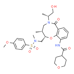 ChemSpider 2D Image | N-[(2S,3R)-5-[(2R)-1-hydroxypropan-2-yl]-2-[[(4-methoxyphenyl)sulfonyl-methylamino]methyl]-3-methyl-6-oxo-3,4-dihydro-2H-1,5-benzoxazocin-10-yl]-4-oxanecarboxamide | C29H39N3O8S