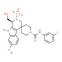 ChemSpider 2D Image | (1S)-N-(3-fluorophenyl)-1-(hydroxymethyl)-7-methoxy-9-methyl-2-methylsulfonyl-1'-spiro[1,3-dihydropyrido[3,4-b]indole-4,4'-piperidine]carboxamide | C26H31FN4O5S