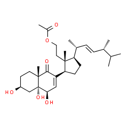 ChemSpider 2D Image | 2-{(1R,2R,5R)-2-[(2R,3E,5R)-5,6-Dimethyl-3-hepten-2-yl]-1-methyl-5-[(4R,4aR,6S,8aS)-4,4a,6-trihydroxy-8a-methyl-1-oxo-1,4,4a,5,6,7,8,8a-octahydro-2-naphthalenyl]cyclopentyl}ethyl acetate | C30H48O6