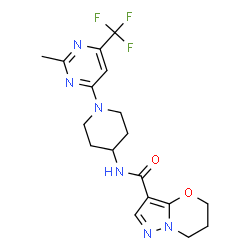 ChemSpider 2D Image | N-{1-[2-Methyl-6-(trifluoromethyl)-4-pyrimidinyl]-4-piperidinyl}-6,7-dihydro-5H-pyrazolo[5,1-b][1,3]oxazine-3-carboxamide | C18H21F3N6O2