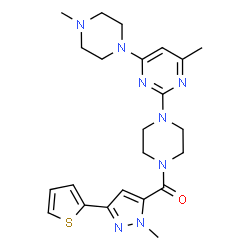 ChemSpider 2D Image | {4-[4-Methyl-6-(4-methyl-1-piperazinyl)-2-pyrimidinyl]-1-piperazinyl}[1-methyl-3-(2-thienyl)-1H-pyrazol-5-yl]methanone | C23H30N8OS