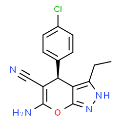 ChemSpider 2D Image | (4R)-6-Amino-4-(4-chlorophenyl)-3-ethyl-2,4-dihydropyrano[2,3-c]pyrazole-5-carbonitrile | C15H13ClN4O