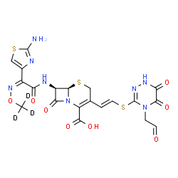 ChemSpider 2D Image | (6R,7R)-7-{[(2Z)-2-(2-Amino-1,3-thiazol-4-yl)-2-{[(~2~H_3_)methyloxy]imino}acetyl]amino}-3-[(E)-2-{[5,6-dioxo-4-(2-oxoethyl)-1,4,5,6-tetrahydro-1,2,4-triazin-3-yl]sulfanyl}vinyl]-8-oxo-5-thia-1-azabic
yclo[4.2.0]oct-2-ene-2-carboxylic acid | C20H15D3N8O8S3