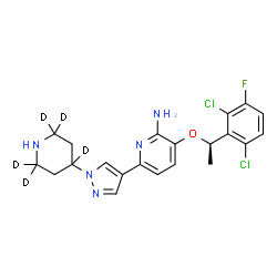 ChemSpider 2D Image | 3-[(1R)-1-(2,6-Dichloro-3-fluorophenyl)ethoxy]-6-{1-[(2,2,4,6,6-~2~H_5_)-4-piperidinyl]-1H-pyrazol-4-yl}-2-pyridinamine | C21H17D5Cl2FN5O