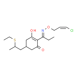 ChemSpider 2D Image | 2-[(1E)-N-{[(2Z)-3-Chloro-2-propen-1-yl]oxy}propanimidoyl]-5-[2-(ethylsulfanyl)propyl]-3-hydroxy-2-cyclohexen-1-one | C17H26ClNO3S