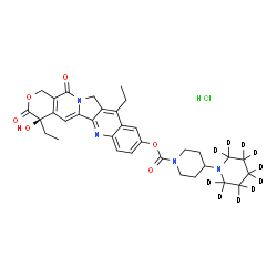 ChemSpider 2D Image | (4R)-4,11-Diethyl-4-hydroxy-3,14-dioxo-3,4,12,14-tetrahydro-1H-pyrano[3',4':6,7]indolizino[1,2-b]quinolin-9-yl (2,2,3,3,4,4,5,5,6,6-~2~H_10_)-1,4'-bipiperidine-1'-carboxylate hydrochloride (1:1) | C33H29D10ClN4O6