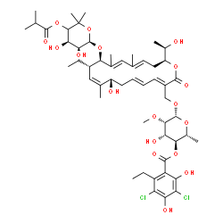 ChemSpider 2D Image | (2R,3S,4S,5S,6R)-6-({(3E,5E,8S,9Z,11S,12R,18S)-12-{[(2R,3S,4R)-3,4-Dihydroxy-5-(isobutyryloxy)-6,6-dimethyltetrahydro-2H-pyran-2-yl]oxy}-11-ethyl-8-hydroxy-18-[(1R)-1-hydroxyethyl]-9,13,15-trimethyl-2
-oxooxacyclooctadeca-3,5,9,13,15-pentaen-3-yl}methoxy)-4-hydroxy-5-methoxy-2-methyltetrahydro-2H-pyran-3-yl 3,5-dichloro-2-ethyl-4,6-dihydroxybenzoate (non-preferred name) | C52H74Cl2O18