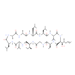 ChemSpider 2D Image | (3S,6S,9R,12R,15S,18S,21S,24S,30S,33S)-24-[(2S)-2-Butanyl]-30-ethyl-33-[(1R,2R,4E)-1-hydroxy-2-methyl-4-hexen-1-yl]-6,9,18-triisobutyl-3,21-diisopropyl-1,4,7,10,12,15,19,25,28-nonamethyl-1,4,7,10,13,1
6,19,22,25,28,31-undecaazacyclotritriacontane-2,5,8,11,14,17,20,23,26,29,32-undecone | C62H111N11O12
