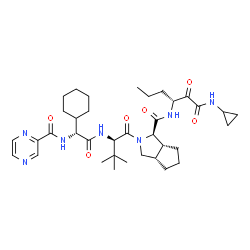 ChemSpider 2D Image | (1R,3aS,6aR)-2-[(2R)-2-({(2R)-2-Cyclohexyl-2-[(2-pyrazinylcarbonyl)amino]acetyl}amino)-3,3-dimethylbutanoyl]-N-[(3R)-1-(cyclopropylamino)-1,2-dioxo-3-hexanyl]octahydrocyclopenta[c]pyrrole-1-carboxamid
e (non-preferred name) | C36H53N7O6