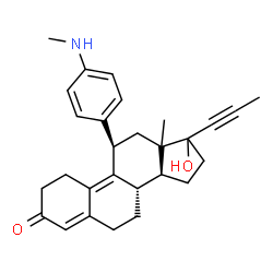 ChemSpider 2D Image | (8S,11R,14S)-17-Hydroxy-13-methyl-11-[4-(methylamino)phenyl]-17-(1-propyn-1-yl)-1,2,6,7,8,11,12,13,14,15,16,17-dodecahydro-3H-cyclopenta[a]phenanthren-3-one (non-preferred name) | C28H33NO2