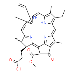 ChemSpider 2D Image | 3-[(3S,4S,21R)-14-Ethyl-21-(methoxycarbonyl)-4,8,13,18-tetramethyl-20-oxo-9-vinyl-24,25-dihydro-3-phorbinyl]propanoic acid | C35H36N4O5